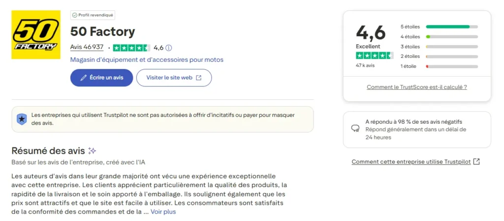 avis trustpilot 50 factory