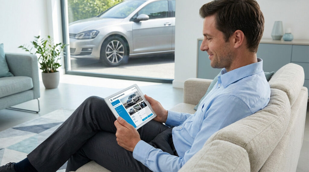 Autohero : l'achat d'occasion en ligne est-il fiable ? Man confidently browsing used cars on a tablet from a modern sofa. A silver car is visible through a large window in a bright, minimalist living room.