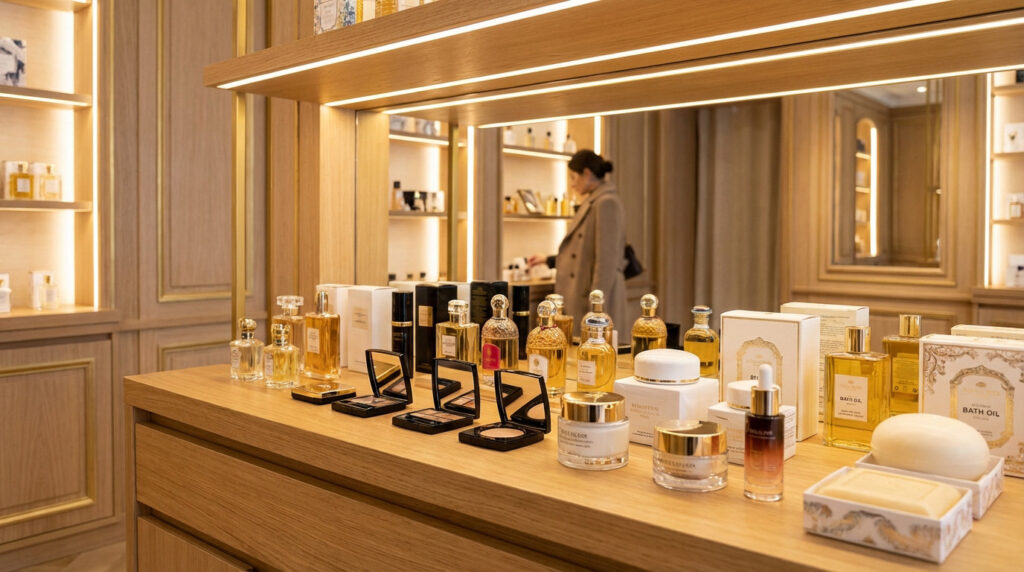Curated display of luxury perfumes, makeup, and skincare on a wooden counter in a French boutique, with a shopper in background.