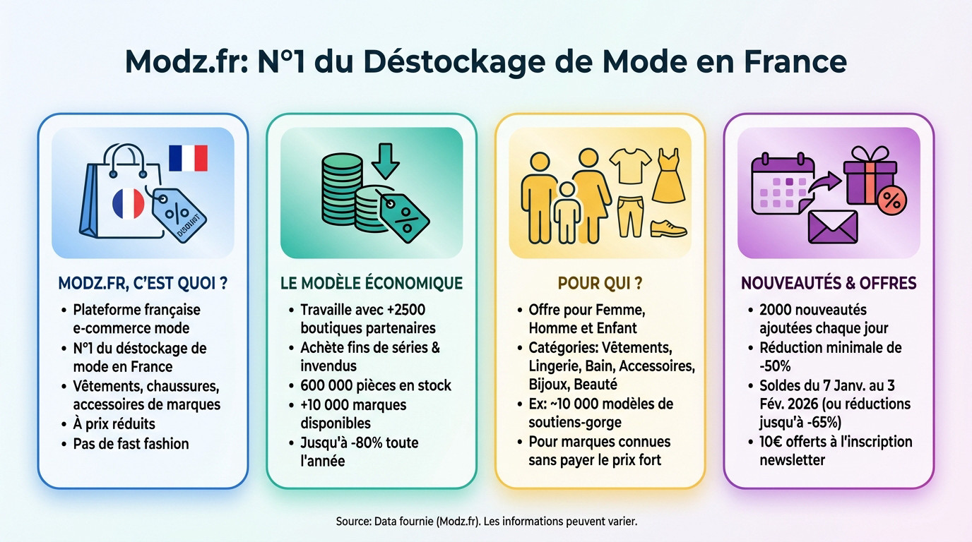 Interface du site Modz.fr illustrant le concept de déstockage de mode numéro 1 en France