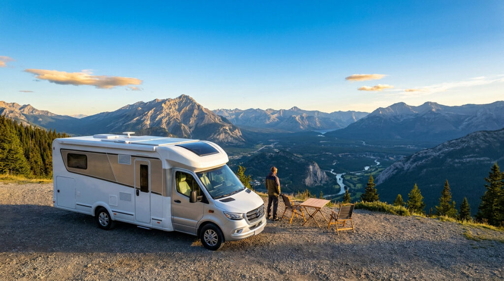 Camping-car blanc et gris stationné sur un belvédère, avec une personne observant une vallée montagneuse traversée par une rivière. Table et chaises pliantes.