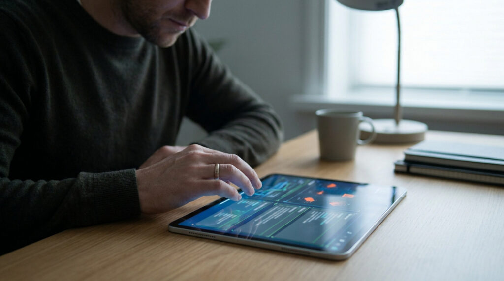 Un homme touche l'écran d'une tablette affichant des données, assis à un bureau avec une tasse et des cahiers.