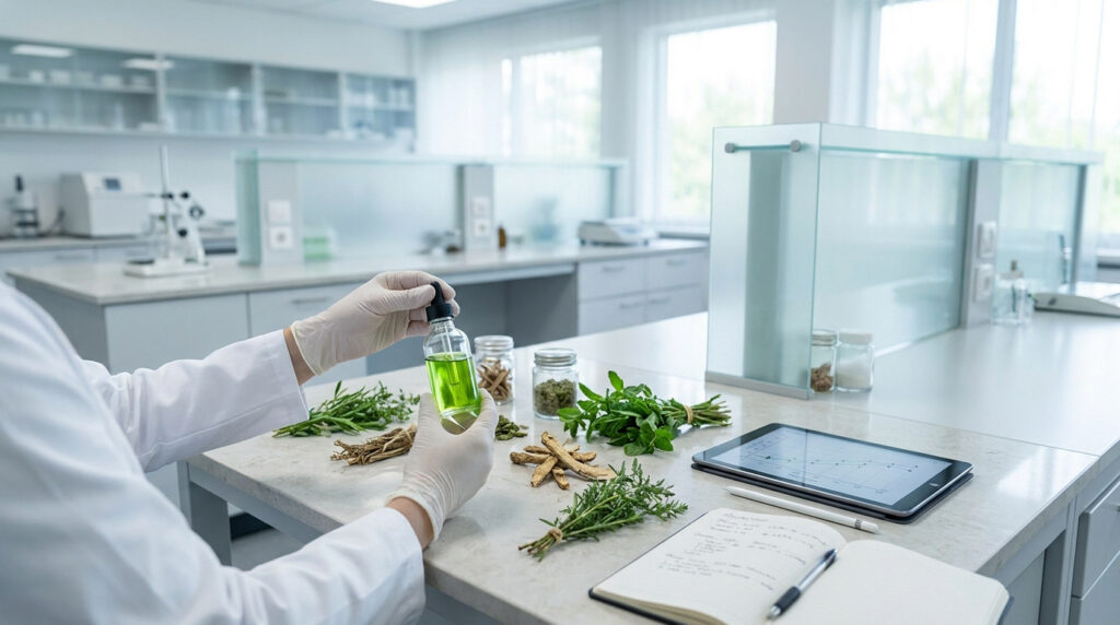 Un scientifique examine un liquide vert dans un laboratoire moderne, avec des plantes, un carnet et une tablette sur la paillasse.