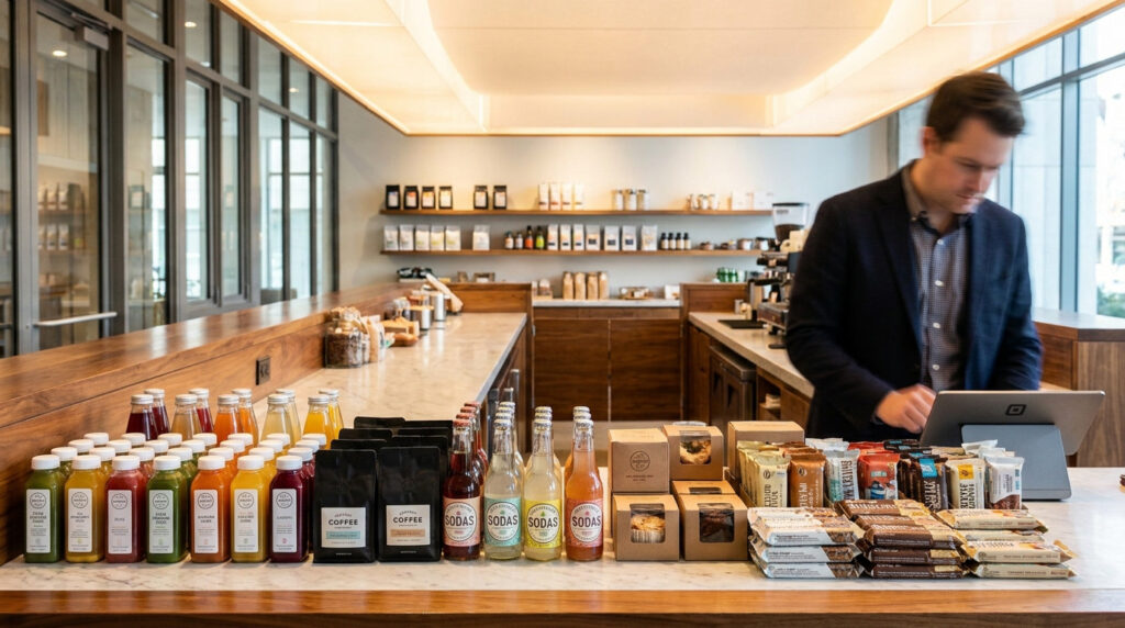Un comptoir de café moderne avec des jus, sodas, paquets de café et snacks variés. Un employé utilise une tablette.