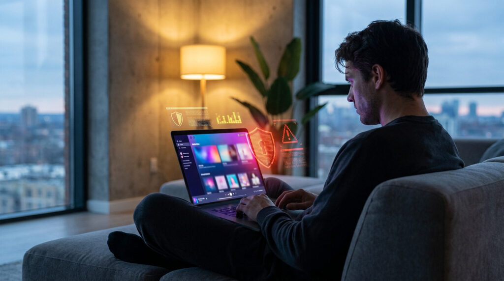 Homme sur un canapé face à un laptop, avec des hologrammes de sécurité et d'alerte autour d'un écran de streaming.