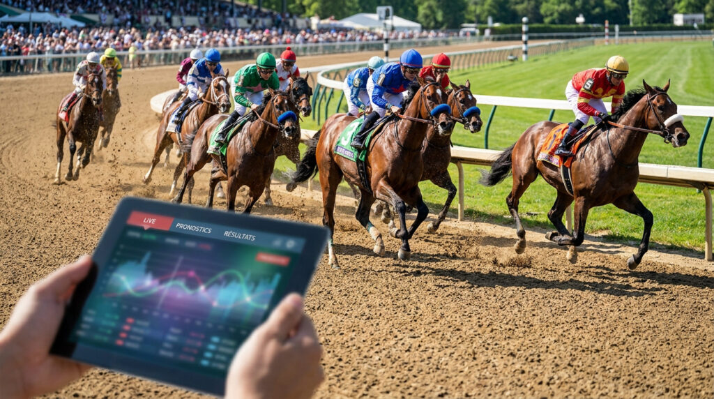 Mains tenant une tablette affichant des pronostics de courses hippiques en direct, avec des chevaux en pleine course à l'arrière-plan.