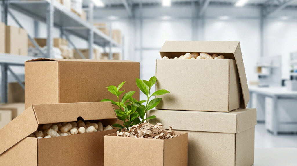 Plusieurs boîtes en carton écologiques avec des matériaux de calage biodégradables et une plante verte, dans un entrepôt.
