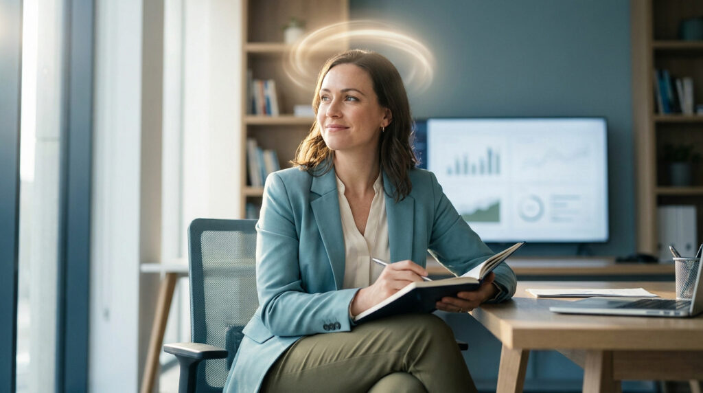 Femme souriante avec un halo d'idées lumineuses, prenant des notes dans un carnet à son bureau Psynapse.