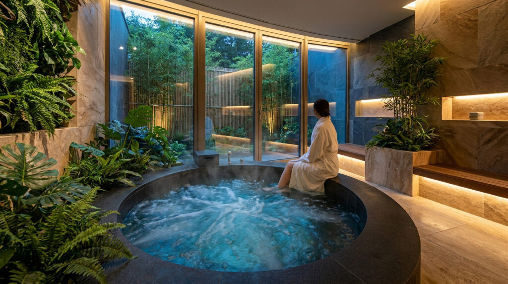 Femme en peignoir blanc se détendant dans un jacuzzi intérieur avec vue sur un jardin luxuriant. Ambiance spa sereine.