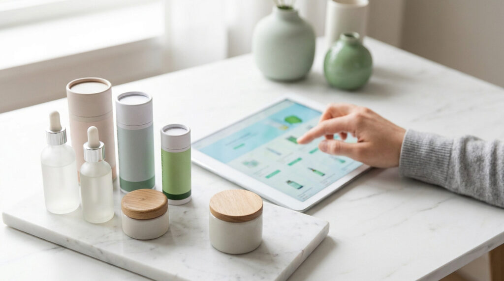 Main sur tablette affichant un site e-commerce de parapharmacie, avec des produits de beauté naturels sur un plateau.