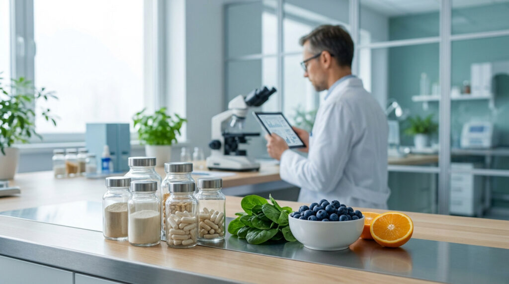 Un scientifique travaille en labo. Au premier plan, des bocaux de compléments, myrtilles, épinards et orange.