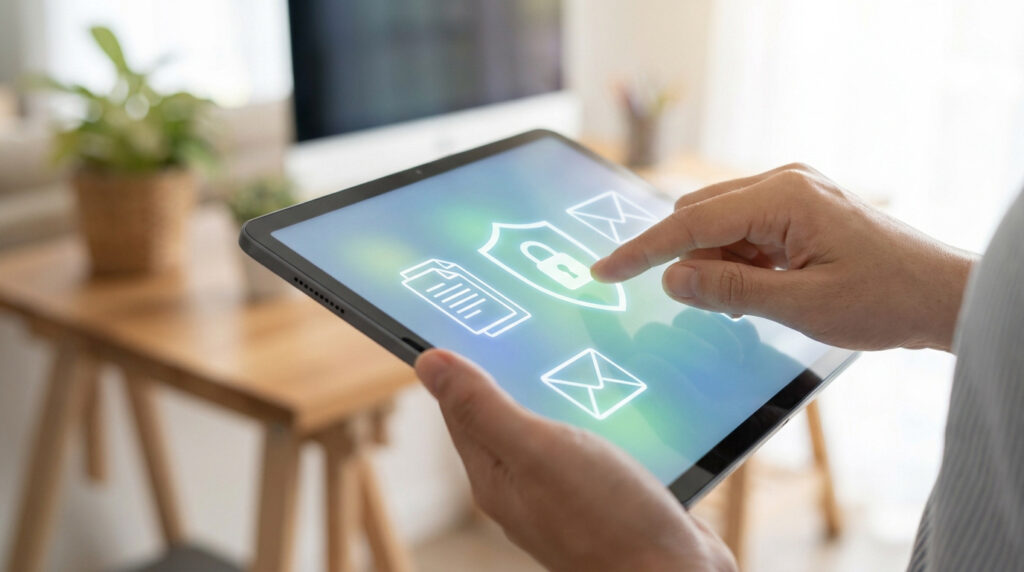 Gros plan sur des mains tenant une tablette avec des icônes de sécurité numérique et de documents, un doigt touche le cadenas.